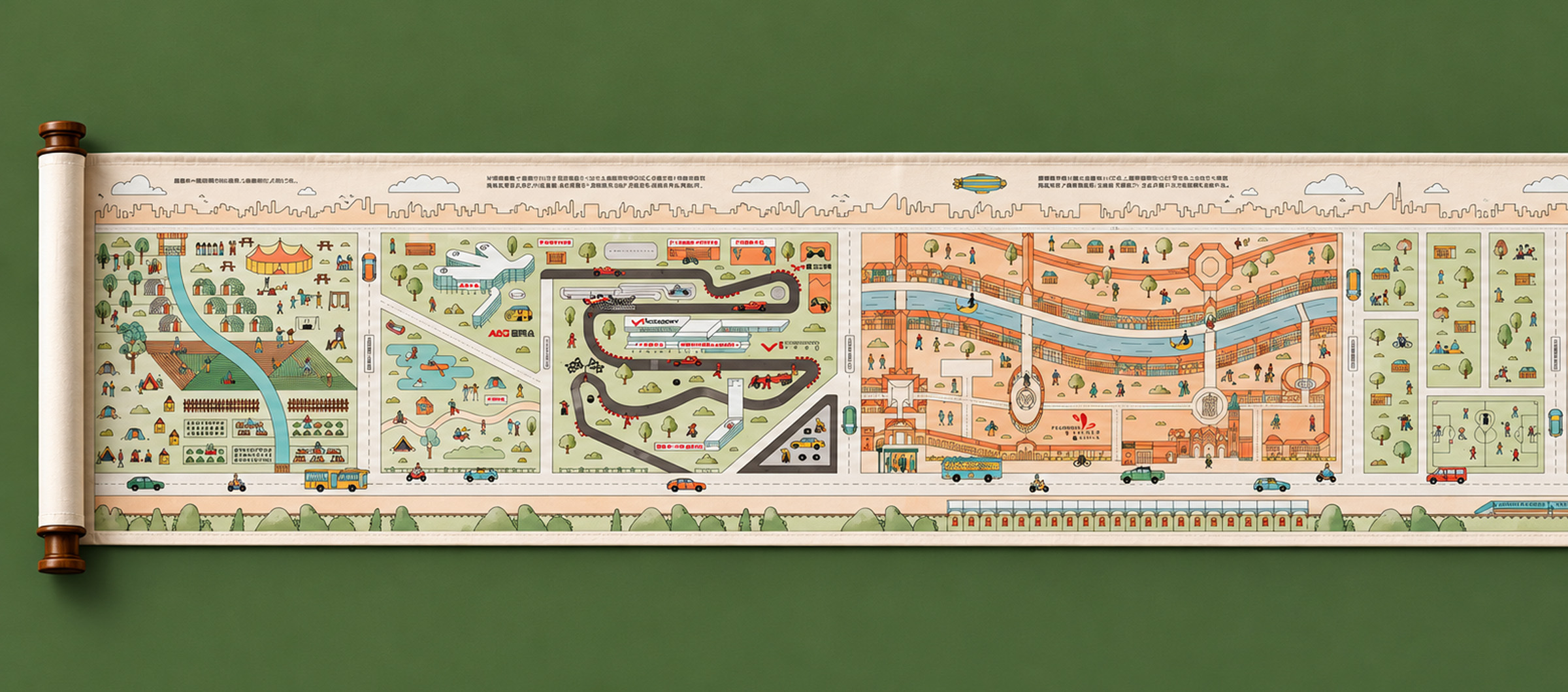 Illustrated panoramic city map presented as a scroll